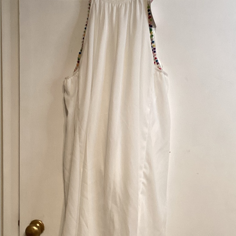Very J White Sleeveless Dress with Colorful Pompom Trim size large - Picture 1 of 3
